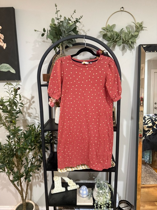 Boden Dresses & Skirts - Boden Coral Pink Gold Polka Dot Dress Puff Sleeve Cotton Mini Size 6 Preppy